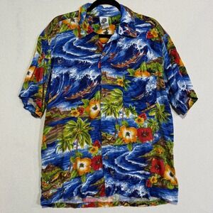 Kennington‎ Mens Large Hawaiian Shirt Aloha Surf Wave Tropical Print Rayon